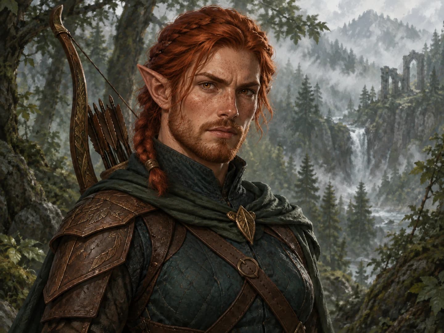Male version of the same elf ranger, keeping the armor, bow and red hair