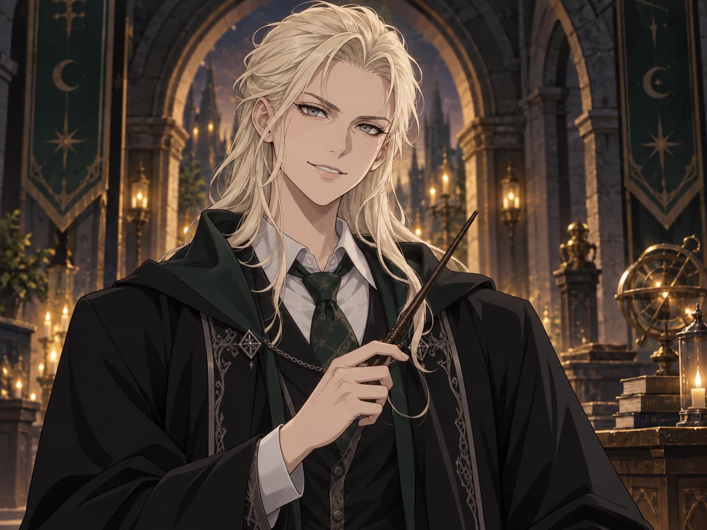 Female interpretation of the same anime wizard, retaining the green tie, wand and confident expression
