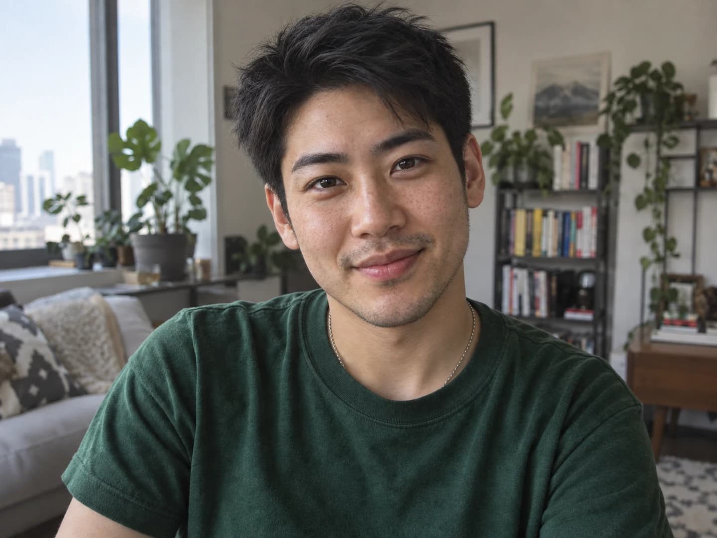 Masculine version of the same person, with the same smile and green T-shirt