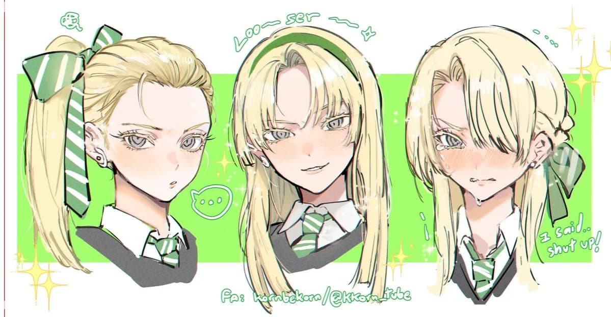 Three hairstyles, one Slytherin, by @Kkorn_tube